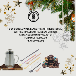 BUY DOUBLE WALL GLASS FRENCH PRESS 400ML  W/ FREE 4 PIECES OF RAINBOW STIRRER  AND 1PIECE MONKEY COASTER FOR ONLY P1,800.00 (SAVE P771.00 )