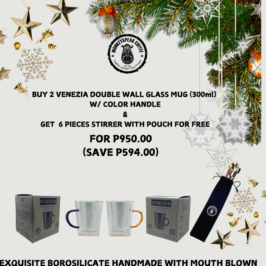 BUY 2 VENEZIA DOUBLE WALL GLASS MUG (300ml)   W/ COLOR HANDLE  & GET  6 PIECES STIRRER WITH POUCH FOR FREE